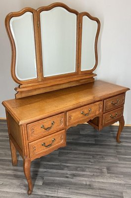Vintage French Louis Style Oak Dressing Table with Mirror for sale at Pamono
