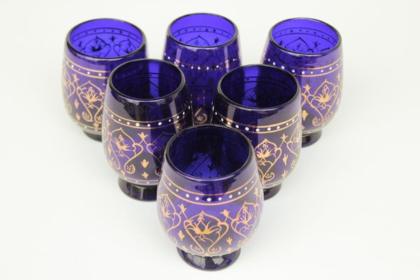 Italian Drinking Cups in Cobalt Blue Glass with Gilt Decor, 1960s, Set of 6