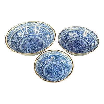 Japanische Vintage Servierschalen aus Porzellan in Blau & Weiß von Seto Ware, 3er Set bei Pamono kaufen