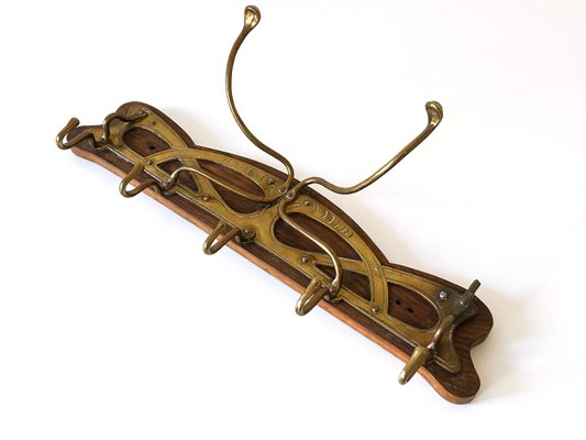 Art Nouveau Brass and Wood Coat Rack or Hanger, Germany, 1900s for