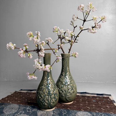 Celadon Ikebana Vases with Floral Relief by Noma Gazan, Japan, 1970s, Set of 2 for sale at Pamono
