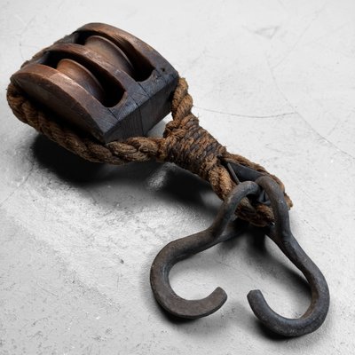 Japanese Wooden Double Pulley with Forged Hooks, 1900s for sale at