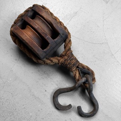 Japanese Wooden Double Pulley with Forged Hooks, 1900s for sale at
