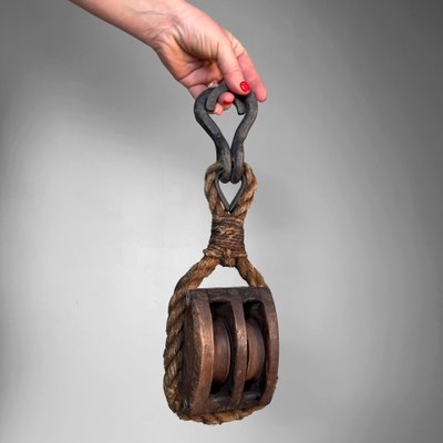 Japanese Wooden Double Pulley with Forged Hooks, 1900s for sale at