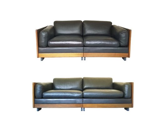 Mod. 920 Modular Sofas in Black Leather and Walnut by Afra & Tobia
