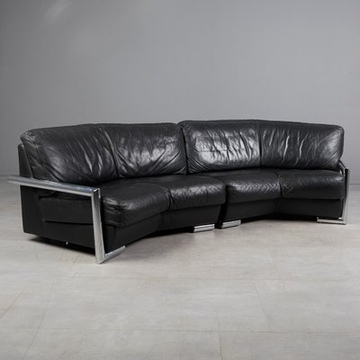 Swiss Modern Medea Modular Corner Sofa in Black Leather from 