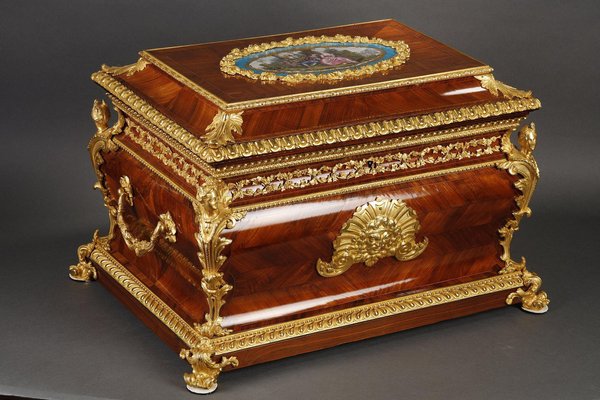 Large Louis XV Style Casket in Rosewood, Gilt Bronze and Porcelain