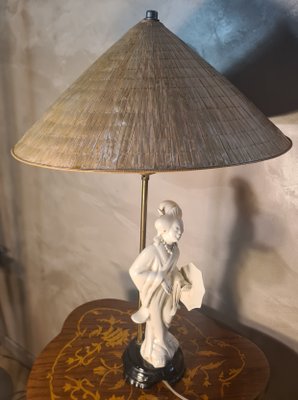 White Porcelain Geisha Lamp with Rice Straw Lampshade, 1950s for