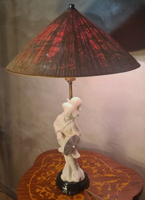 White Porcelain Geisha Lamp with Rice Straw Lampshade, 1950s for