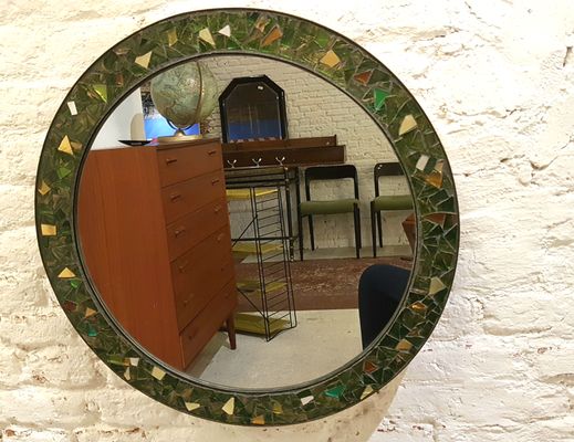 Round Brass Molten Glass Mosaic Framed Mirror 1950s For At Round Brass Molten Glass Mosaic Framed Mirror