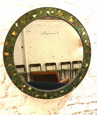 Round Brass Molten Glass Mosaic Framed Mirror 1950s For At Round Brass Molten Glass Mosaic Framed Mirror