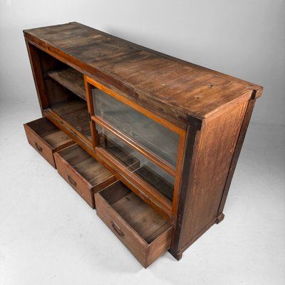 Antique Japanese Shop Counter with Glass Display and Drawers