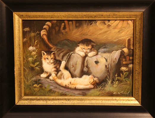 Un petit chaton　【油絵】 Samuel Koch, Playful Kittens, 20th Century, Oil on Wood, Framed
