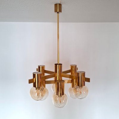 Large German Brass Sputnik Chandelier with Amber-Colored Glass