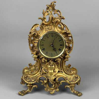 Antique Louis XV Rococo Quartz Gilded Brass Mantel Clock, 1900s