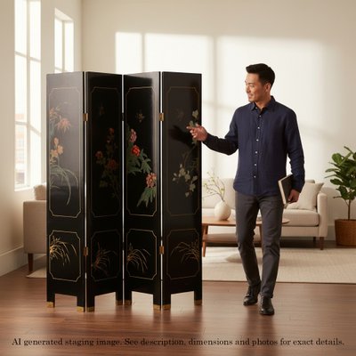 Large Antique Victorian Chinoiserie Black Lacquer Dressing Screen, 1900 for sale at Pamono Large Antique Victorian Chinoiserie Black Lacquer Dressing Screen, 1900 for sale at Pamono