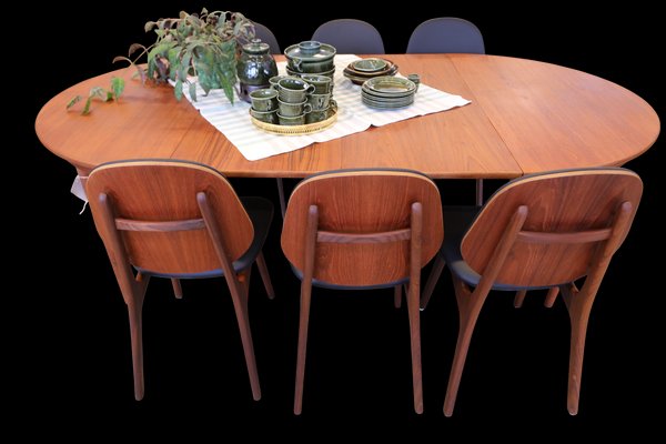 Model 75 Chairs in Teak and Black Leather by Arne Hovmand Olsen