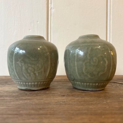 Chinese Celadon Glazed Jars with Incised Dragon and Scrolled
