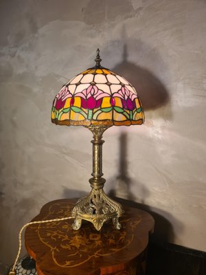 Antique Art Nouveau Bronze Lamp with Stained Glass Shade in the