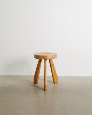 French Mid Century Wooden Tripod Sandoz Pine Stool by Charlotte