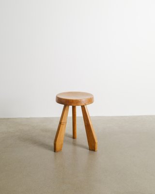 French Mid Century Wooden Tripod Sandoz Pine Stool by Charlotte