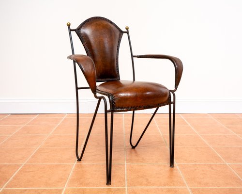 Mid-Century Modern Sculptural Leather Armchair in Iron and Brass