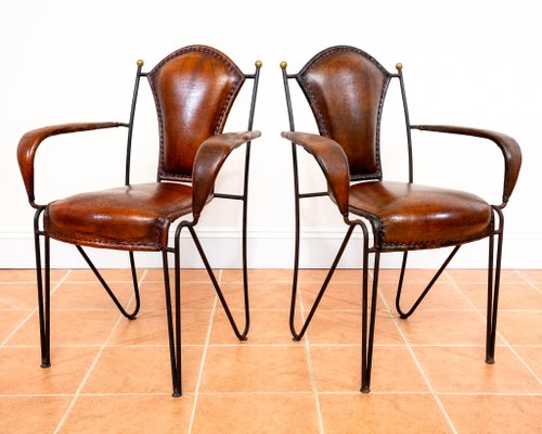 Mid-Century Modern Sculptural Leather Armchair in Iron and Brass