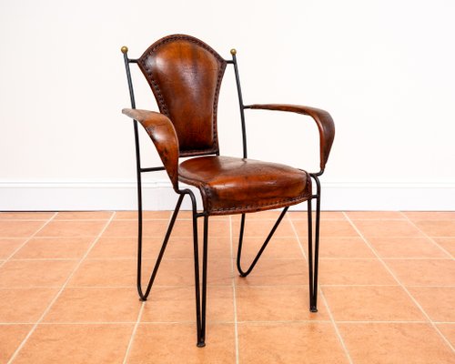 90s 英国ヴィンテージ Somerset Creative Products Mid-Century Modern Sculptural Leather Armchair in Iron and Brass