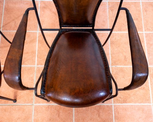 Mid-Century Modern Sculptural Leather Armchair in Iron and Brass