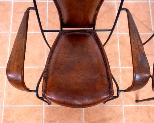 Mid-Century Modern Sculptural Leather Armchair in Iron and Brass