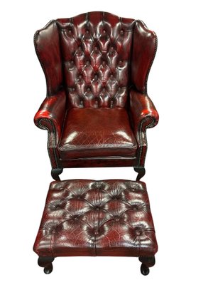 English Chesterfield Wingback Chair with Ottoman, Set of 2 for 