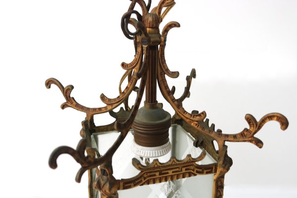 ANCIENNE LANTERNE A Poser Metal Fer Forgé Verre Rouge vitrail
