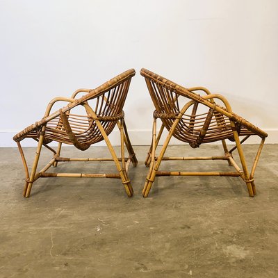 Paire De Fauteuils Vintage En Rotin Style Soleil - Design Mid-century, Attribué