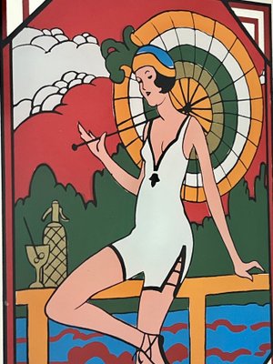 Miroir Vintage Sérigraphié Années 70 - Davies - Femme Nue Et Oiseau Bleu - Déco Rétro