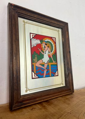 Miroir Vintage Sérigraphié Années 70 - Davies - Femme Nue Et Oiseau Bleu - Déco Rétro