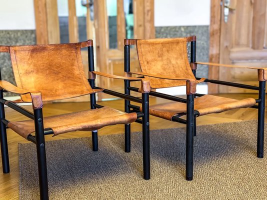 Vintage Leather Safari Chairs by Abel Gonzalez, 1960s, Set of 2