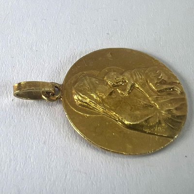 Médaille Religieuse Art Nouveau En Or 18k - Vierge Et Christ - Signée E.Dropsy (circa 1919) - Collier Mi-long D'occasion