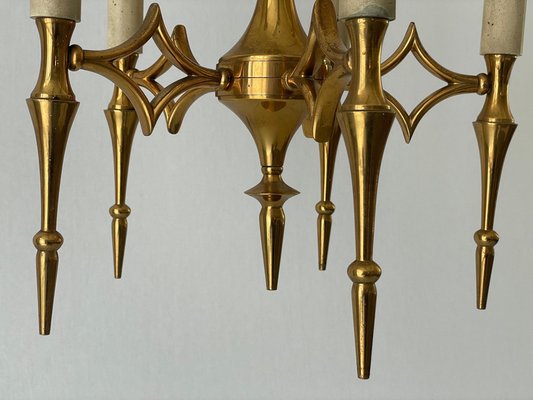 Lustre Vintage 5 Branches En Bois Et Laiton - Occasion En Bon état - Pour Salon, Salle à Manger, Etc.