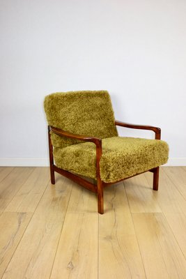 Vintage Wooden Armchair with Khaki Long Hair Upholstery by Z