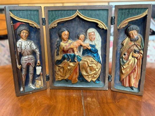 Late Gothic Polychromed Wooden Triptych Relief of Madonna and