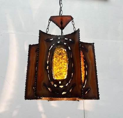 Lampe Pendante Cuivre Et Teak Danoise Années 70 - Poulsen Morup Lyfa - Vintage Original