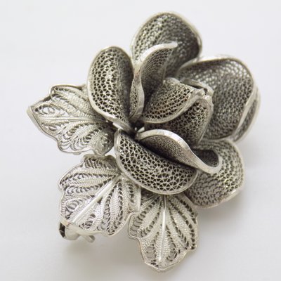Broche Ancienne En Argent Massif Filigrané | Bijou Vintage - Bon État