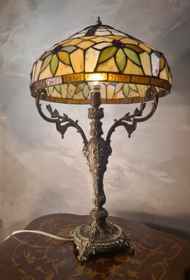 Antique Rocaille Bronze Lamp with Leaded Glass Lampshade in the