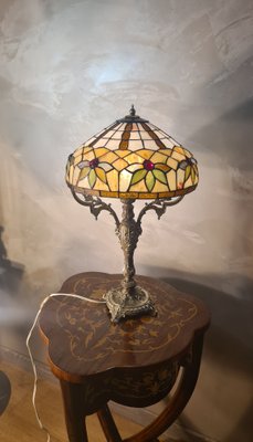 アンティーク雑貨 france vintage aluminum lamp shade Antique Rocaille Bronze Lamp with Leaded Glass Lampshade in the
