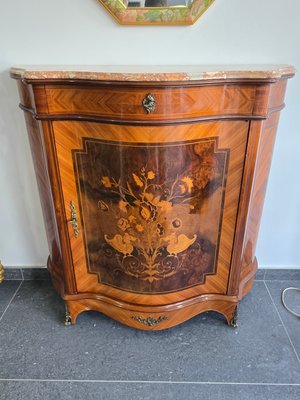 Curved Dresser in Floral Marquetry with Marble Top, 1950s for sale at Pamono Curved Dresser in Floral Marquetry with Marble Top, 1950s for sale at Pamono
