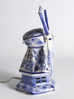 Windmills House Ceramic Night Light – Cute Cottage Table Lamp, Warm Glow, Blue Porcelain, For Nursery, Bedroom, Or Gift