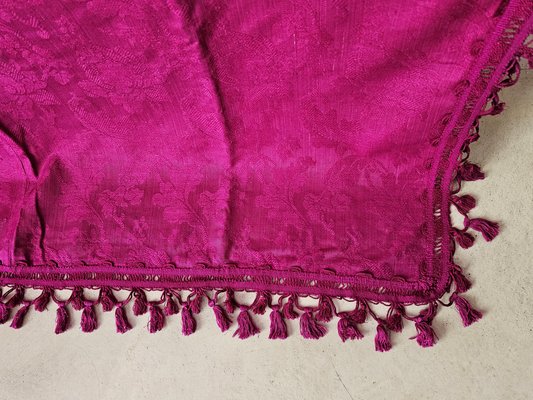 Couvre Lit En Damas De Soie Verte Et Rose, Frangé , Fin XIX