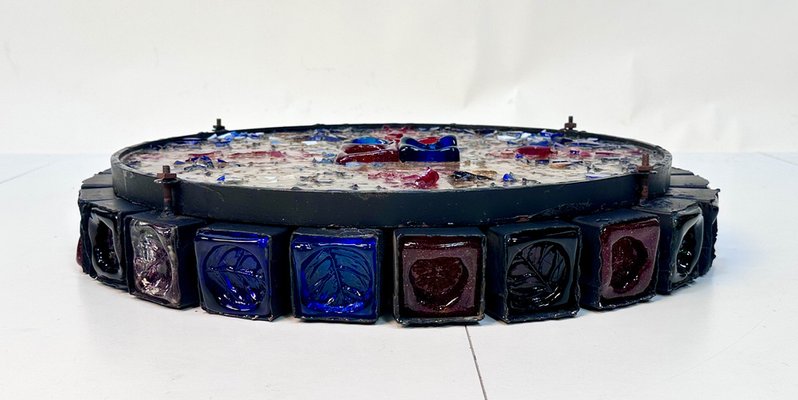 Large Brutalist Art Glass Wall Lamp with Zodiac Motifs by Erik