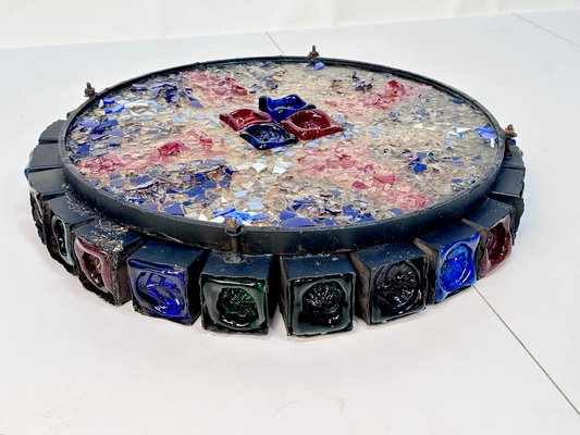 Large Brutalist Art Glass Wall Lamp with Zodiac Motifs by Erik