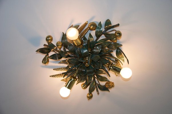 Lustre Vintage Années 60 FUER - Métal Vert Et Or, 4 Lumières épis De Blé